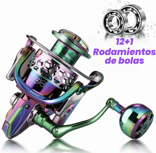 Vista 4 de Sougayilang Carrete de pesca, carretes giratorios de marco de aluminio colorido con 12+1 BB inoxidable, mango de aluminio de gran tamaño para pesca