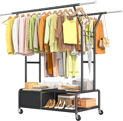 Vista 11 de Raybee Percheros para colgar ropa, perchero ajustable con ruedas bloqueables, estantes de almacenamiento, estante multifuncional para dormitorio