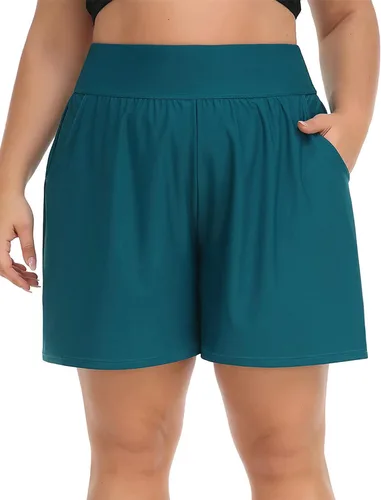 Vista 8 de ANFILIA Pantalones cortos de natación de talla grande para mujer, pantalones cortos de cintura alta, tankini con bolsillos