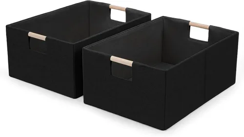 Vista 11 de Cubos de almacenamiento plegables de tela, cestas de almacenamiento de tela con asas de madera, cubos organizadores de armario de estantes, cajas
