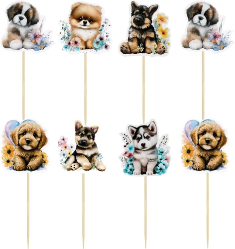 Vista 3 de Gyufise 36 adornos para cupcakes para mascotas, decoración de dibujos animados para tartas de perros y cachorros, para baby shower y fiesta