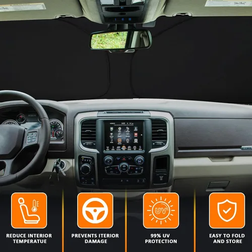 Vista 2 de D-Lumina Winshield - Parasol con bandera de Estados Unidos para Dodge Ram 1500 2009-2018, protector solar frontal plegable bloquea los rayos UV