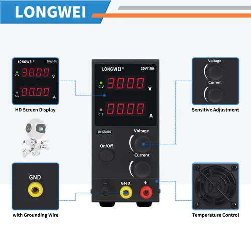 Vista 2 de LONGWEI Fuente de alimentación de CC variable, 30 V 10 A, 4 pantallas LED digitales, fuente de alimentación de conmutación regulada ajustable
