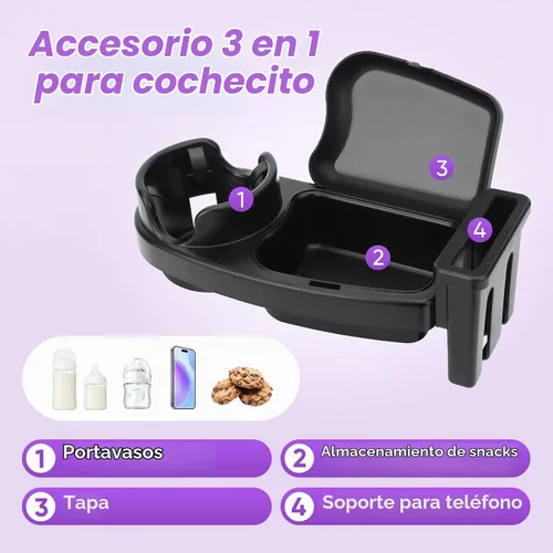 Vista 3 de Bandeja universal para refrigerios para cochecito, 3 en 1 soporte