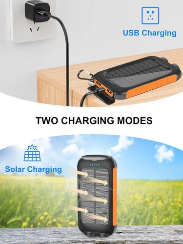 Vista 6 de Cargador solar de 38800 mAh, impermeable, portátil, con linterna LED, batería externa de carga rápida USB C, compatible con exteriores, campamento