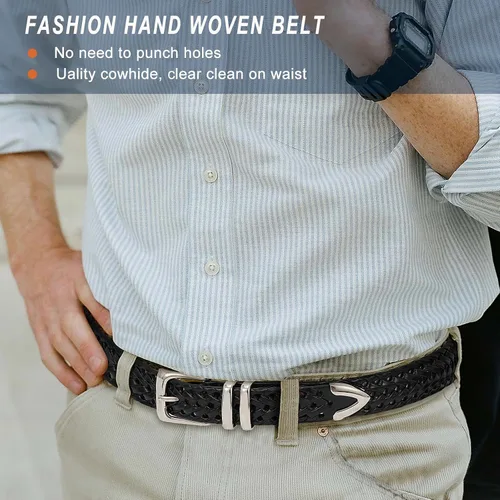 Vista 2 de Cinturón de cuero trenzado para hombre, jeans casuales, golf, hebilla de aleación tejida de cuero para hombre, cinturones trenzados a mano, regalo