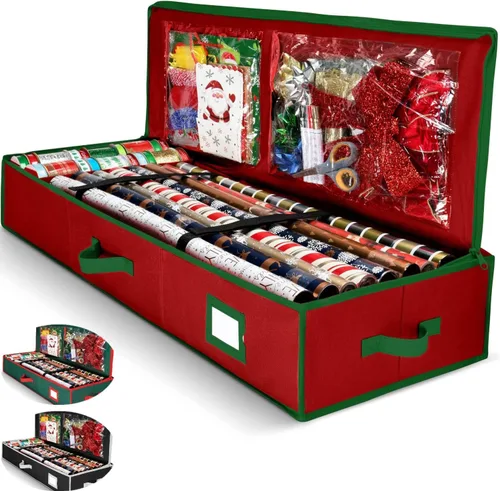 Vista 10 de Organizador de papel de regalo de alta calidad, soporte para papel de regalo con bolsillos adicionales para decoraciones navideñas, asas reforzadas