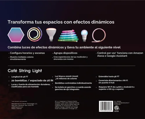 Vista 4 de GE Cync Luces inteligentes para café con efectos dinámicos, luces de cadena para patio que cambian de color, compatibles con Alexa y Google, 48 pies