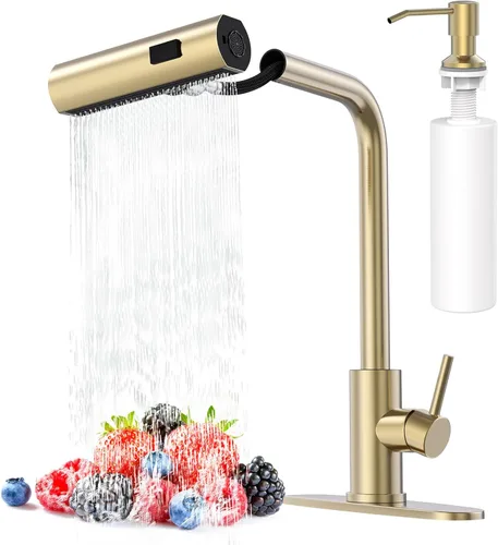 Vista 19 de AVSIILE Grifos de cocina en cascada de color negro mate con rociador desplegable y dispensador de jabón, un solo orificio y mango, grifo extraíble