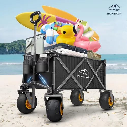 Vista 4 de Vagón de playa con ruedas grandes para arena, vagón plegable resistente de alta capacidad con neumáticos de balón neumático todo terreno de 9