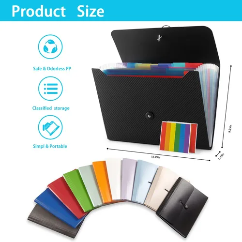 Vista 6 de Carpeta de archivos expandible con 13 bolsillos, carpeta de archivo de acordeón para documentos, organizador estético de papel negro
