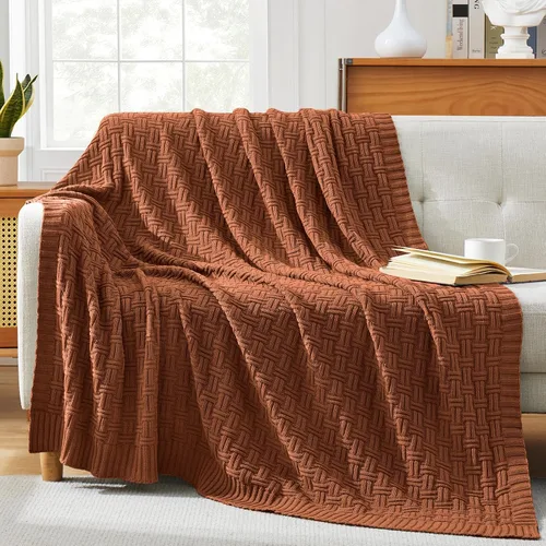 Vista 2 de TREELY Manta de Punto de Algodón 100% Cobertor para Sofá (31 x 40 Pulgadas, Marrón) Manta decorativa para sofá, cama y sofá
