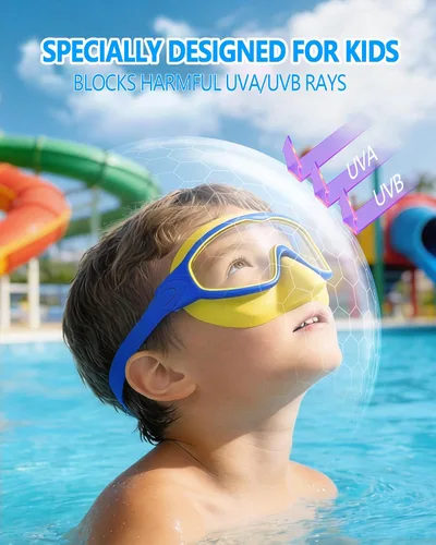 Vista 4 de Gafas de natación para niños de 3 a 15 años con tapones para los oídos, marco grande, gafas de natación antivaho/UV para niños, niñas y bebés, 2