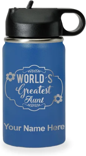 Vista 62 de LaserGram Botella de agua con tapa abatible de doble pared de 12 onzas con pajilla, la tía más grande del mundo, grabado personalizado incluido Negro
