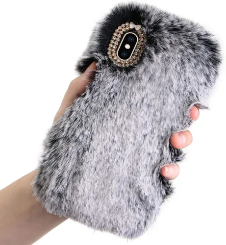 Vista 7 de LCHDA Funda de felpa para iPhone 7/iPhone 8, funda de piel de conejo, funda mullida y esponjosa para niñas, lindo pelo cálido de invierno, funda