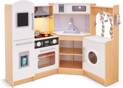 Vista 11 de Lil' Jumbl Juego de cocina de esquina para niños, cocina de lujo de madera de simulación, máquina de hielo a pilas, estufa y grifo con sonido Negro