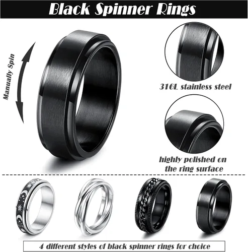 Vista 2 de FUNRUN JEWELRY Juego de 4 anillos giratorios de acero inoxidable para mujeres y hombres, anillos de banda para la ansiedad, luna, estrella, celta