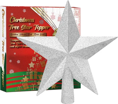 Vista 7 de URATOT Adorno de estrella de Navidad brillante para copa de árbol, decoración decorativa inastillable para árbol de Navidad, estrella dorada, 10 cm