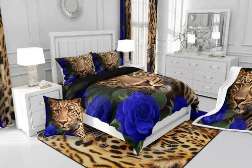 Vista 8 de Erosebridal Juego de ropa de cama de guepardo con rosa azul, juego de edredón con estampado de leopardo y gato, edredón romántico de plumón