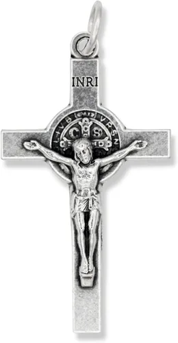 Vista 3 de Caritas et Fides Paquete de 10 crucifijos de San Benito (crucifijo de 1.5 pulgadas, plata oxidada) – Suministros para hacer rosarios a granel