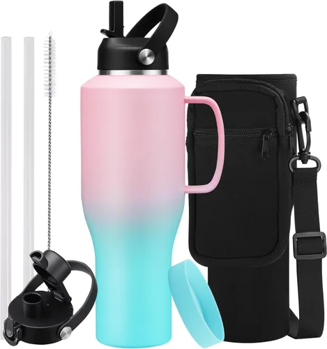 Vista 38 de Botella de agua de acero inoxidable de 32 onzas, frío-48 horas y caliente-24 horas, termo con popote y tapas de boquilla, bolsa, botella aislada al