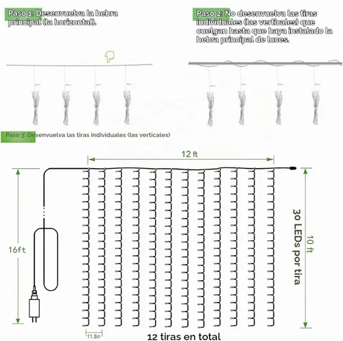 Vista 6 de Solhice Cortina de luces LED para exteriores, 12 x 10 pies, 360 luces LED para colgar en interiores y dormitorios, luz de fondo para decoración