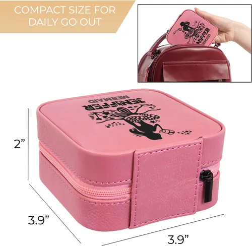 Vista 3 de Joyero de viaje personalizado con espejo portátil personalizado opcional, organizador de joyas de cuero sintético, pequeño soporte para anillos
