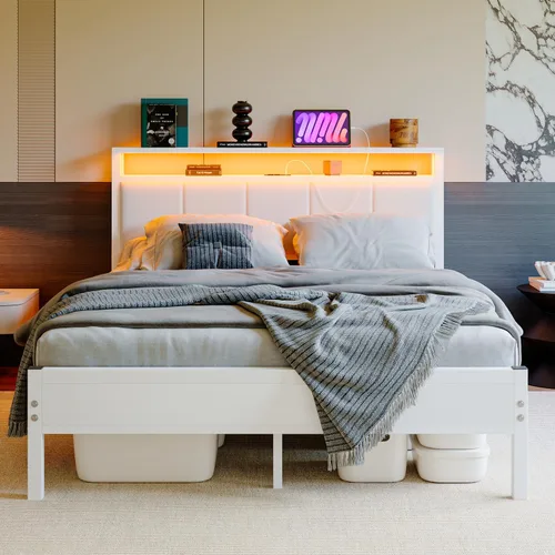 Vista 14 de Base de cama de tamaño matrimonial con estantes de almacenamiento, cabecera tapizada, color gris LED Lights Charging Station,Heavy Duty Metal Bed