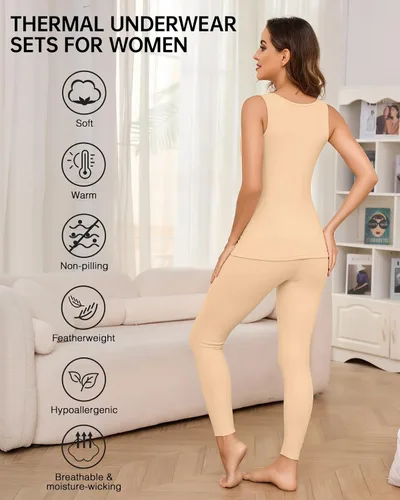 Vista 3 de Conjuntos de ropa interior térmica para mujer, pantalones largos de forro polar, capa base térmica, para clima frío, conjunto de camiseta e inferior