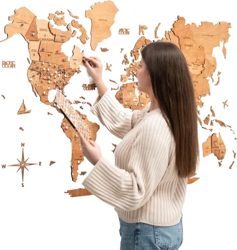 Vista 12 de Arte de pared de madera 3D con mapa del mundo (tamaño pequeño, multicolor)