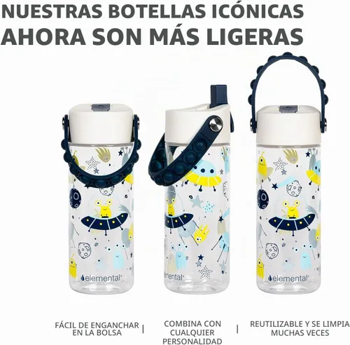 Vista 3 de Elemental Botellas de agua para niños – Botella de agua para niños Splash para la escuela con mango Pop-it – Botella de agua de plástico Tritan sin