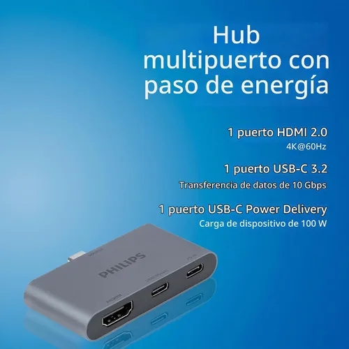 Vista 2 de Philips Concentrador multipuerto USB-C, con pantalla HDMI 4K, 10bps y 2 puertos de datos USB-A de 5 Gbps, entrega de energía de 100 vatios, conector