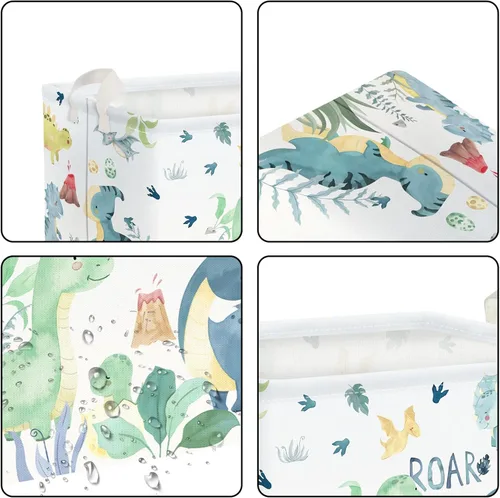 Vista 5 de Clastyle Adorable acuarela verde dinosaurio estante cesta volcán hoja de palma plegable cubo de almacenamiento rectangular ropa libros juguetes cubo