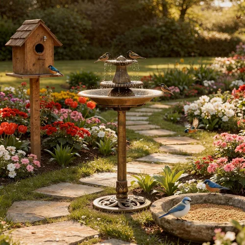 Vista 4 de Magshion Baños para pájaros de 3 niveles de 37 pulgadas de alto para exteriores, baño vintage para pájaros con pedestal con bomba de recirculación