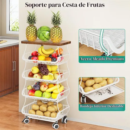 Vista 5 de SAYZH 5-Tier Fruit and Vegetable Basket Stand for Kitchen, Wood Top, White Blanco