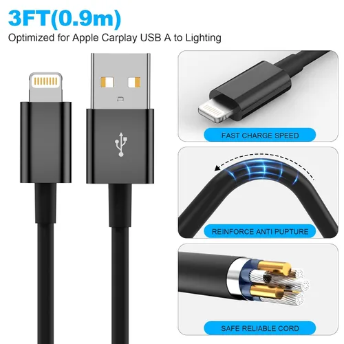 Vista 5 de Snisre Cable Carplay para automóvil, USB A a cable Lightning de 3 pies compatible con iPhone 14, 13, 12, 11 Pro Max, XR, XS X, cable de carga
