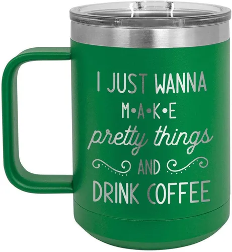Vista 9 de Taza de café negra con tapa deslizante para hacer cosas bonitas y bebidas, 15 onzas, taza de café con aislamiento de viaje, ideas de regalo