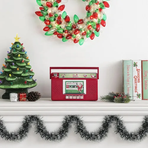Vista 4 de Mr. Christmas Santa's Boom Box Radio – Boombox de Navidad retro de 10 pulgadas con luces LED, 9 canciones navideñas, 3 estaciones de radio de Santa