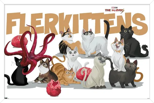 Vista 12 de Marvel The Marvels - Póster de pared de Flerkittens, 22.4 pulgadas de largo x 14.7 pulgadas de ancho, versión enmarcada de madera de granero