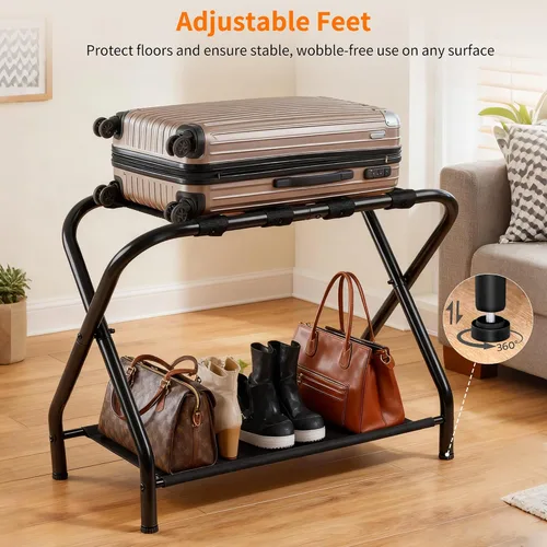 Vista 5 de Heybly Portaequipajes, paquete de 2, soporte plegable de acero para maleta con estante de almacenamiento para dormitorio, hotel, marco de acero