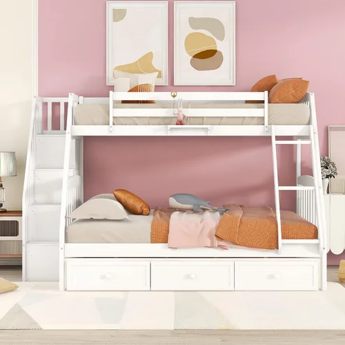 Vista 15 de DEINPPA Litera desmontable individual sobre matrimonial con escalera, se puede dividir en 2 camas individuales, litera de madera con cajones
