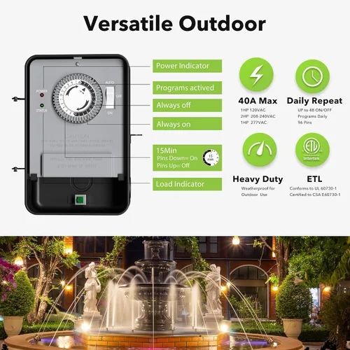 Vista 2 de BN-LINK Temporizador de piscina, interruptor temporizador mecánico para exteriores para calentador de agua, bomba de piscina, carcasa de metal