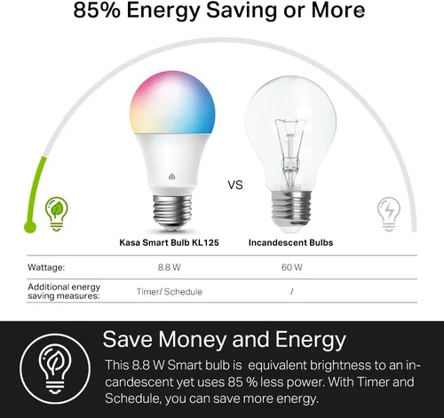 Vista 5 de Nueva bombilla inteligente Kasa Smart, bombilla WiFi inteligente regulable con cambio de color total compatible con Alexa y Google Home, A19, 9 W