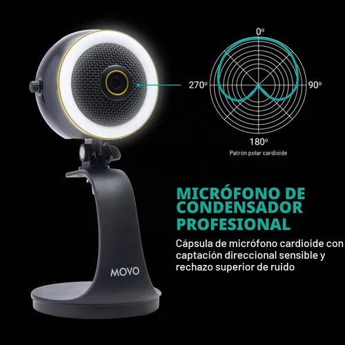 Vista 5 de Movo WebMic HD Pro - Cámara web todo en uno con micrófono y anillo de luz, cámara HD de 1080p, micrófono de condensador cardioide profesional