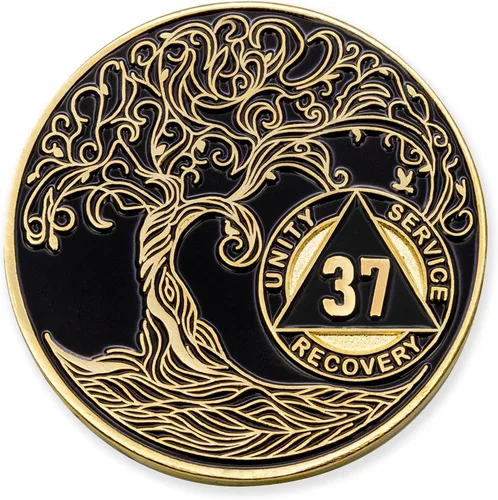 Vista 78 de 1 año Sobriety Mint Twisted Tree of Life Medallón de recuperación AA chapado en oro, chip/ficha - negro