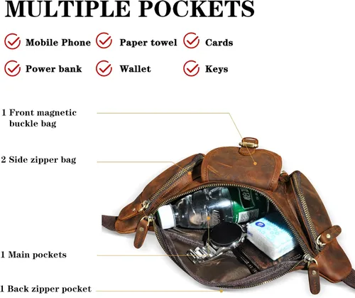 Vista 6 de Grueso caballo loco cuero senderismo equitación viaje al aire libre cinturón riñonera riñonera pequeña bolsa de teléfono para hombres mujeres 380