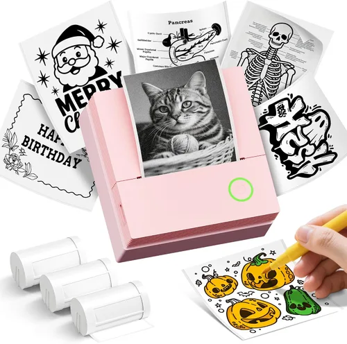 Vista 11 de Impresora de pegatinas, PM290C Mini impresora con 3 rollos de papel, púrpura