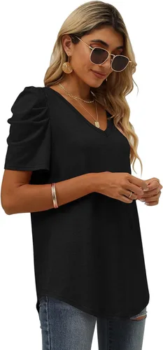 Vista 3 de Puff Sleeve Tops for Women,Womens V Neck Puff Sleeve Blouse,Womens Summer Shirt,Womens Tops Summer Puff Sleeve Tshirts