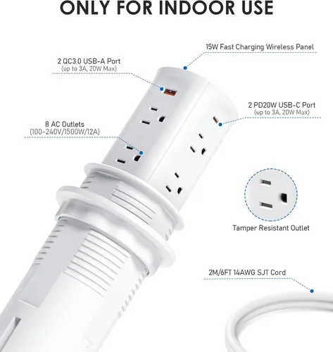Vista 7 de ANNQUAN Receptáculo Emergente de Encimera de 3" con 4 Puertos USB Cargador Inalámbrico de 15W, Entrega de Energía Máxima de 20W Receptáculo Blanco