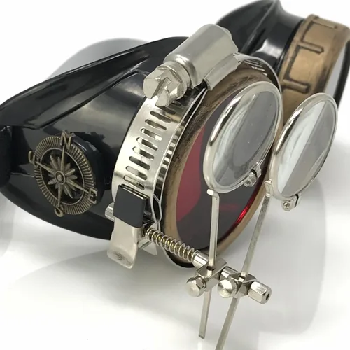 Vista 29 de Lentes estilo victoriano Steampunk con diseño de brújula, lentes de colores y lupa ocular